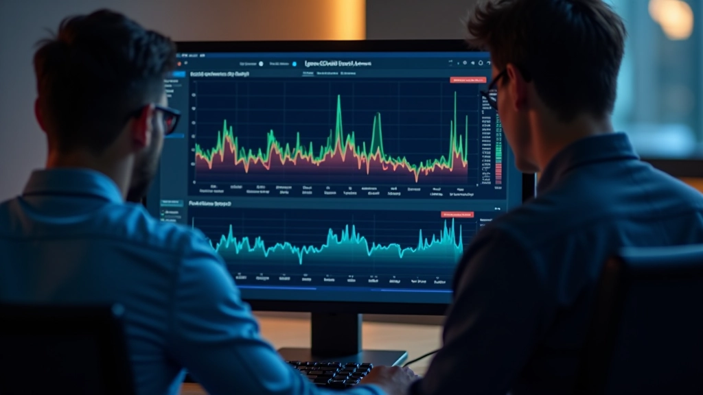 Computer monitor displaying real-time performance monitoring graphs with multiple colored line charts tracking latency, throughput and error rates