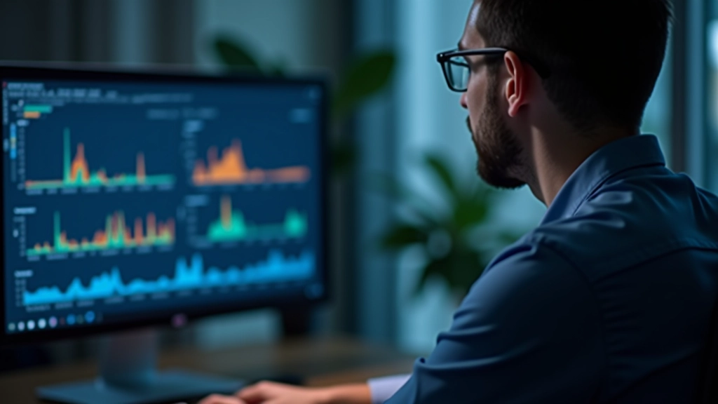 Data scientist reviewing model performance metrics and training loss curves on computer dashboard