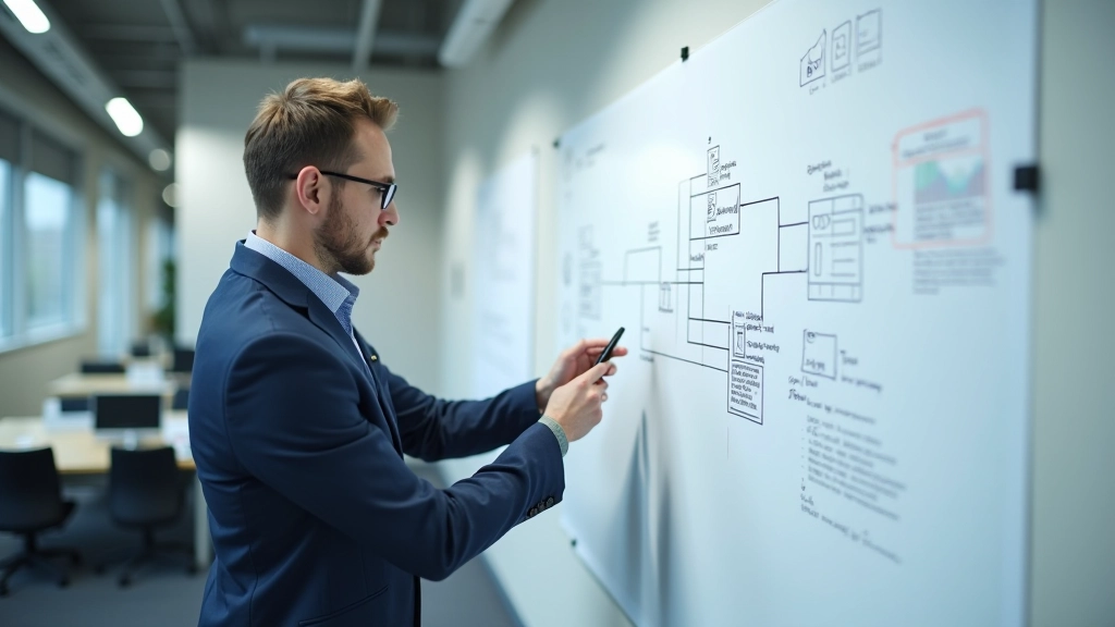 Engineer reviewing model architecture diagram on whiteboard with technical sketches, collaborative workspace environment, bright even lighting, detailed composition