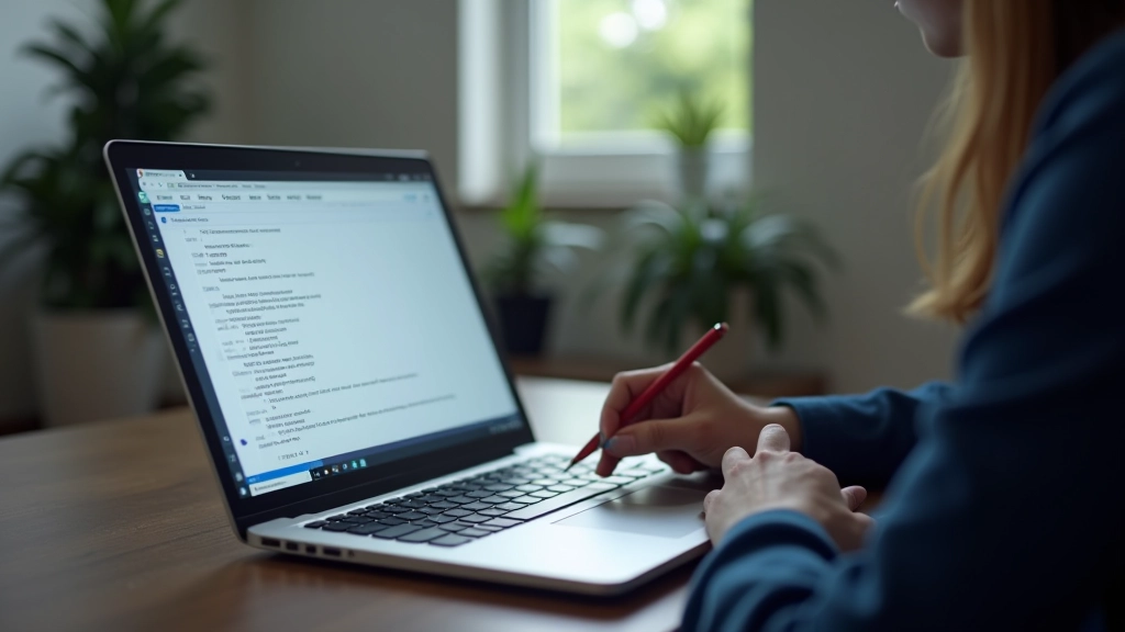 Person reviewing model outputs on laptop screen, taking notes, annotating text responses for quality assessment and feedback collection